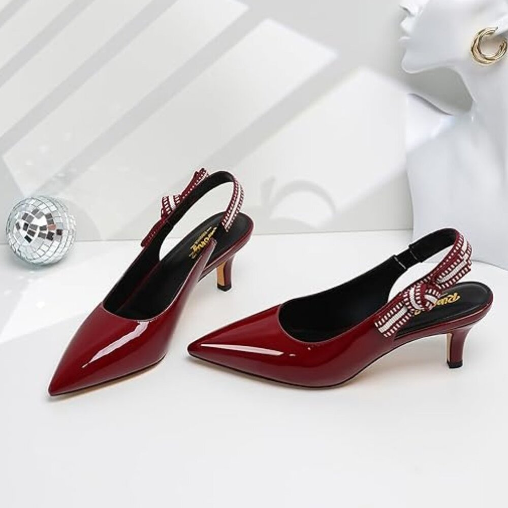 Women Slingback High Kitten Heel Shoes Closed Pointed Toe Dress Pumps